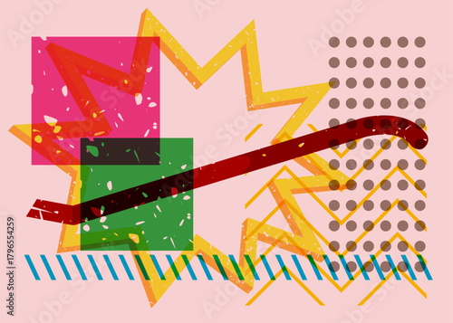 Risograph Crowbar with geometric shapes. Objects in trendy riso graph print texture style design with geometry elements.