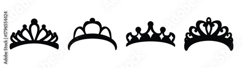 Collection of four ornate black tiara silhouettes for celebrations and royalty