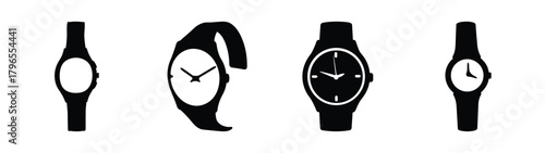 Collection of four black wristwatches featuring different dial styles and straps