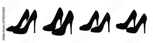 Elegant black stiletto high heels displayed in multiple poses for fashion photography