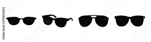 Four diverse styles of dark tinted sunglasses arranged horizontally graphic design element