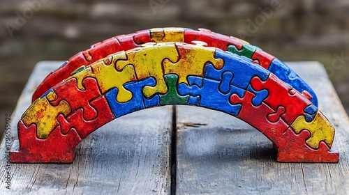 Colorful puzzle pieces forming an arch on a weathered wooden surface