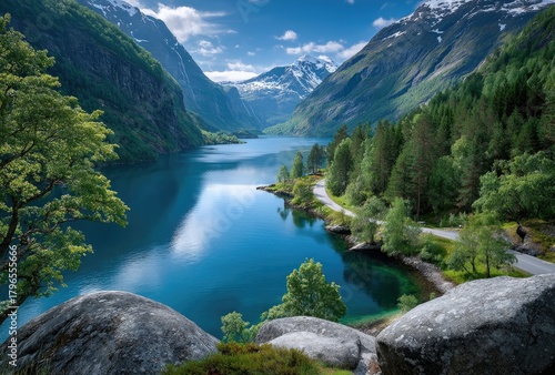 a panoramic view of the fjords in norway, showcasing majestic mountains and deep blue waters with waterfalls cascading down their sides.