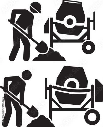 Construction workers using shovels with a cement mixer silhouette
