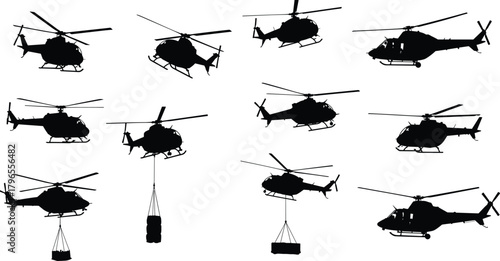 Helicopter silhouette illustration set, cargo lift and flight vector, aviation design, tactical aircraft graphics, airborne transport collection