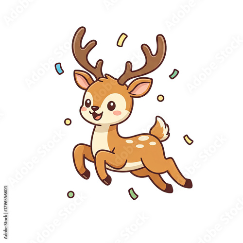 Cute cartoon deer with spots and antlers leaping joyfully surrounded by colorful confetti on a transparent background a whimsical forest creature in motion with a happy expression