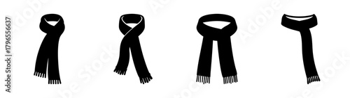 Four black scarves displayed individually showing different tying styles for winter accessories