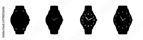 Collection of four black wristwatches showing different face details and designs