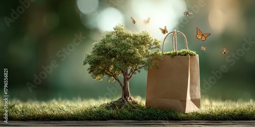 a paper shopping bag with trees growing on it, the earth is inside, and butterflies fly around it, green grass, with a white, blurred light background