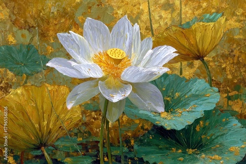 golden lotus, white petals, golden leaves, golden background