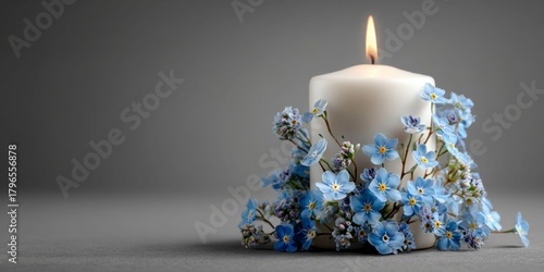 white candle with blue forget me nots on a light gray background