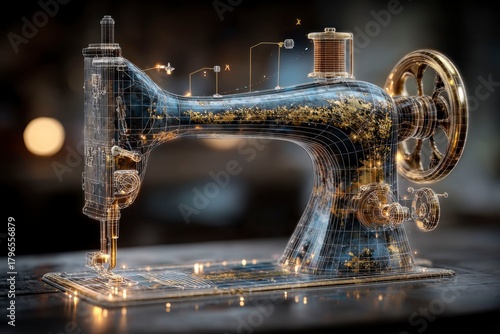 an old sewing machine, with wireframe hologram design elements. the background is dark and blurry, highlighting the detailed textures on metallic parts of the vintage machine