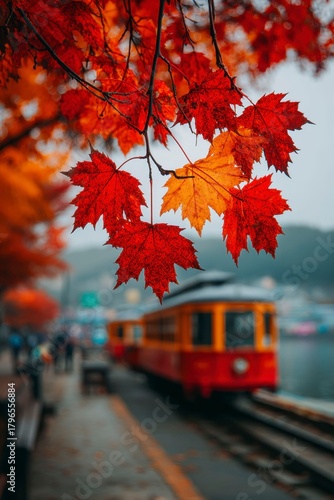 red maple leaves, autumn colors, blurred background of river tram station in park