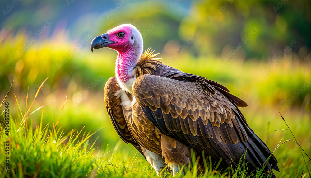 Naklejka premium Majestic African vulture with distinctive pink head stands alert in vibrant green savanna grass, illuminated by warm sunlight. Powerful wildlife portrait