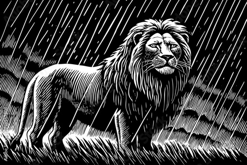 A wet lion stands firm under heavy rain, mane soaked and fur darkened, reflecting resilience and raw survival instinct in harsh weather