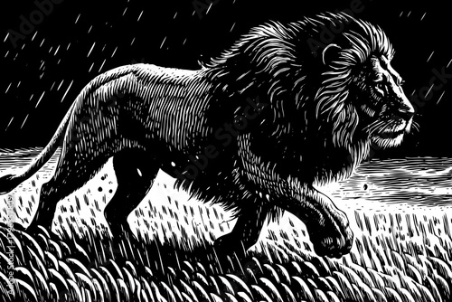 A fast-moving lion sprints across open savannah, kicking up dust behind powerful legs while chasing unseen prey under bright afternoon light