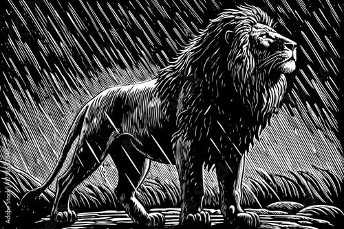 A wet lion stands firm under heavy rain, mane soaked and fur darkened, reflecting resilience and raw survival instinct in harsh weather