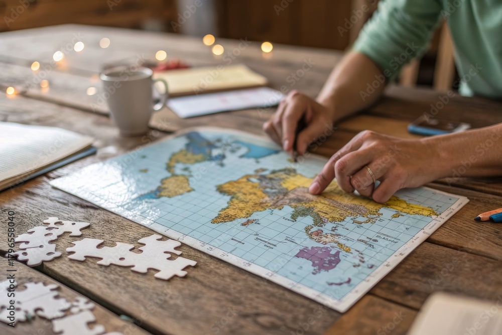 Fototapeta premium Two hands working on a world map puzzle laid out on a wooden table. Represents global strategy, travel planning, teamwork, education, and international collaboration.