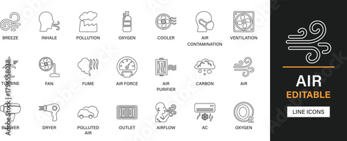 Air editable line icons pack. Blower, dryer, polluted, outlet, airflow, ac, oxygen, fan, fume, air force, carbon, cooler, inhale and more icons.