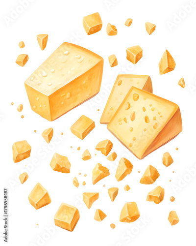 Watercolor cheese chunks and wedges isolated on a transparent background