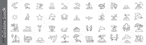 Mega collection of summer, beach, sea, and summer vacation line icon set – editable outline symbols of palm tree, sun, dolphin, crab, octopus, travel, sea life, ocean animal