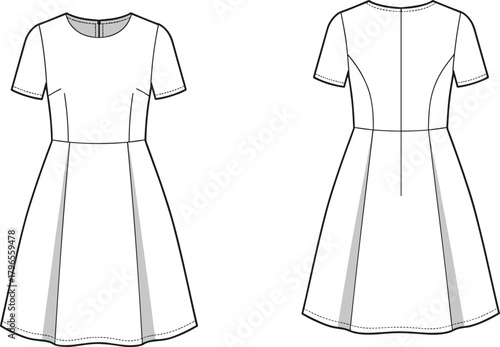 Short sleeve dress technical sketch, fashion flat illustration, princess seam garment design, flared skirt, front and back view, apparel template