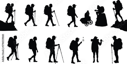 Hiker silhouette set, trekking activity poses, outdoor adventure vector, hiking gear illustration, nature exploration design, trail support posture collection