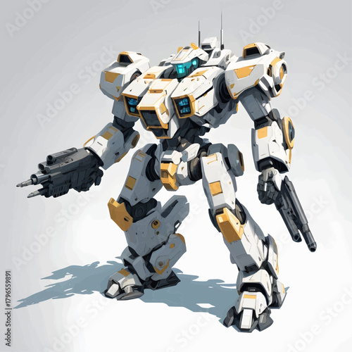 Detailed Full-Body Illustration of a Heavily Armored Bipedal Robot for Deep Space Missions