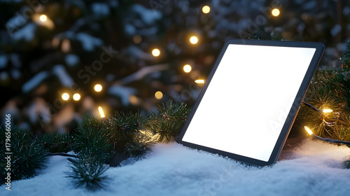 Capture the magic of Christmas with a blank tablet screen amidst snowy pine branches and glowing fairy lights, perfect for festive holiday promotions