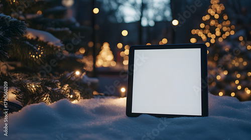 Capture the Holiday Magic with this Tablet Mockup in a Snowy Winter Wonderland Scene, Perfect for Festive Greetings, Product Demos, and Engaging Seasonal Content