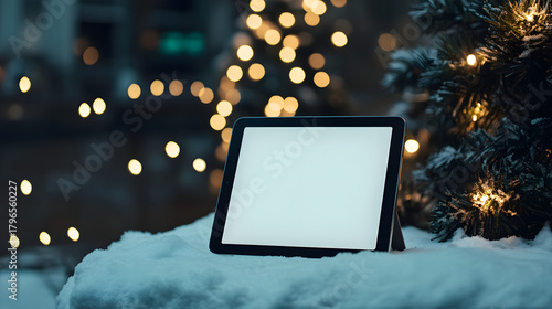 A cozy winter night scene with a blank tablet screen, perfect for holiday promotions, seasonal greetings, or showcasing festive apps with a clean display