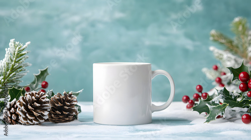 Festive white mug mockup amidst snowy winter foliage, ideal for holiday promotions, seasonal drinkware designs, and cozy Christmas themed campaigns