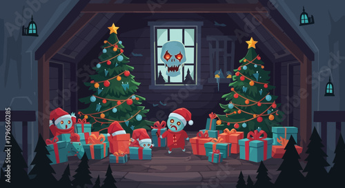 Cartoon zombies celebrating Christmas with trees and gifts in a spooky setting vibrant modern vector design
