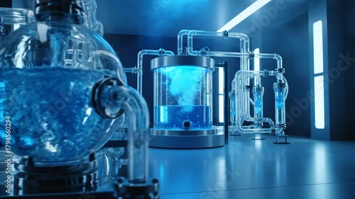 Futuristic lab setup with glass tubes  containers Blue liquid circulates highlighting advanced technology