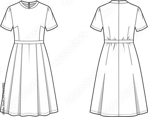 Technical flat sketch, short sleeve dress, pleated skirt, fashion illustration, garment design, apparel template, front and back view