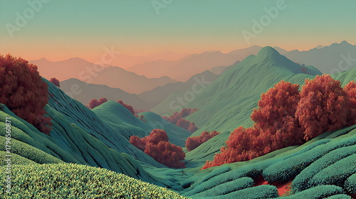Hyper-real tea plantation forming 3D wave patterns, sunrise haze, soft pastel green-pink palette, aerial view, illustration style.