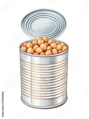 Watercolor Open tin can filled with chickpeas isolated on a transparent background