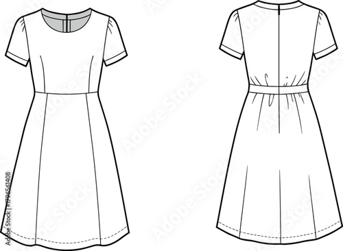 Technical fashion sketch, short sleeve dress, front and back view, garment construction, flared skirt, panel seams, apparel design, illustration
