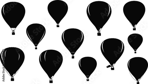 Hot air balloon silhouette set, black vector icons, flying balloon shapes, travel puzzle design, graphic elements, sky adventure symbols