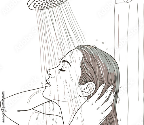 A woman is enjoying a refreshing shower, with water cascading down her hair and body, closed eyes, and a relaxed expression