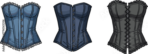 Vintage corset fashion illustration, lace trim, front closure, structured boning, zipper detail, lace-up design, vector sketch, garment design