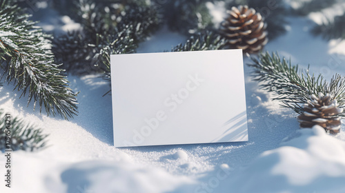 Blank greeting card surrounded by snowy pine branches and pinecones, perfect for winter holiday messages and seasonal promotions.