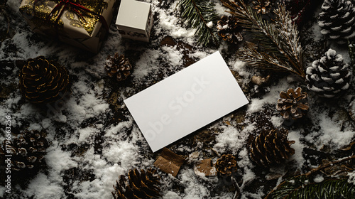Blank card nestled in festive winter scene with pinecones, snow, and gift boxes, perfect for holiday greetings and promotions
