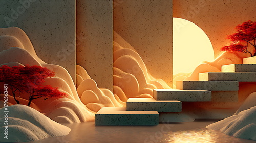 Minimalist zen garden on floating stone platforms above clouds, soft warm sunset lighting, golden sand patterns, serene illustration.