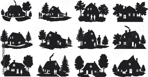 House silhouette illustration set, residential architecture vector, family home scenes, urban dwelling design, neighborhood lifestyle graphics, tree and people collection
