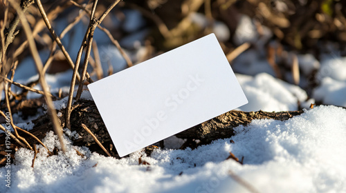 Blank white card resting on snow covered branch with natural winter branches framing the scene outdoors