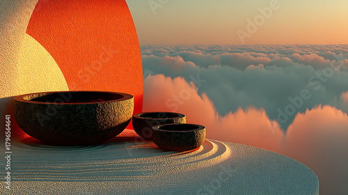 Minimalist zen garden on floating stone platforms above clouds, soft warm sunset lighting, golden sand patterns, serene illustration.