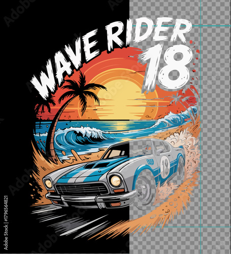 Illustration of retro race car speeds along a beach with crashing waves and a sunset
