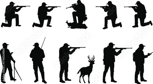 Hunter silhouette set, rifle aiming poses, outdoor hunting vector, wildlife tracking illustration, forest activity design, hunter posture collection