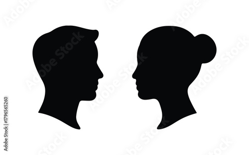 Male and female head profiles facing each each other on white